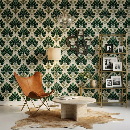 Botanical Wallpaper Green Leaves Block Print Removable Wall Decor