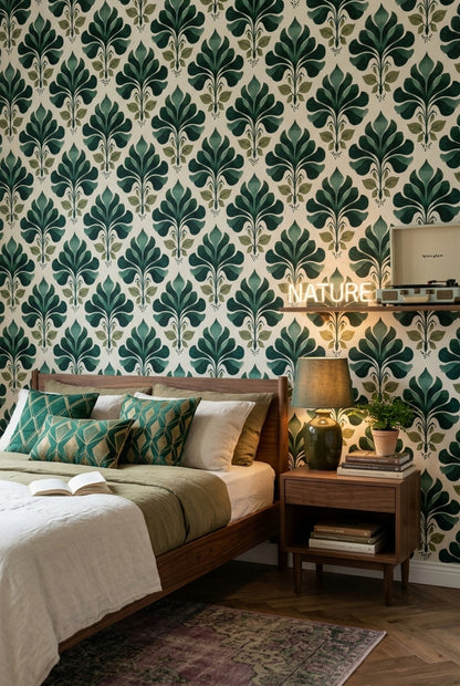 Botanical Wallpaper Green Leaves Block Print Removable Wall Decor