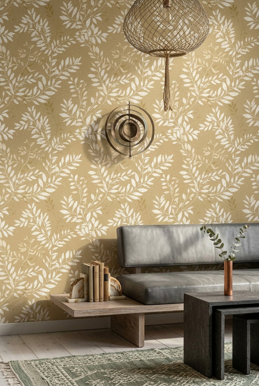 Botanical Wallpaper Leaf Branches Removable Cream On Tan Wall Double Roll