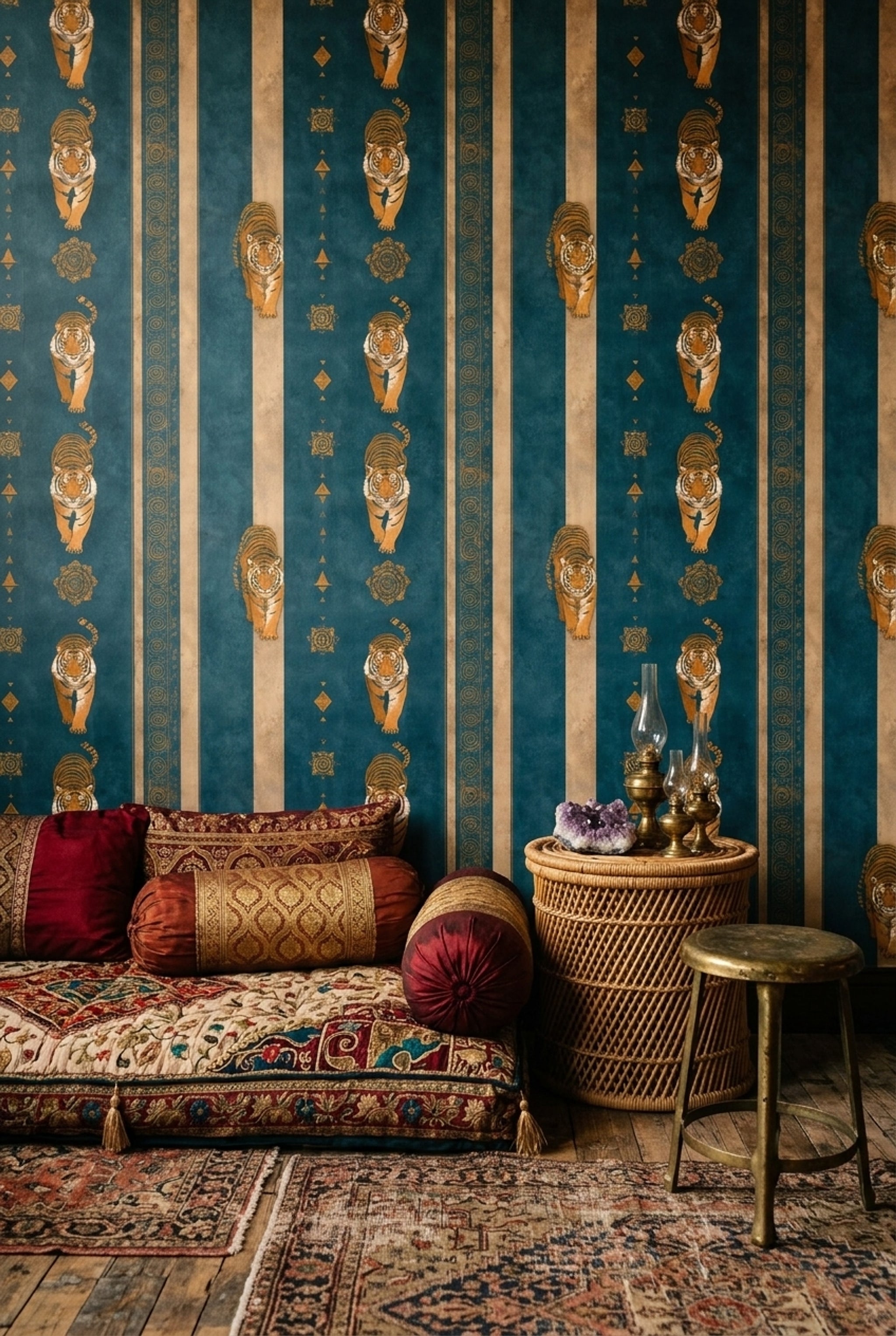 Dark Teal Wallpaper Tigers Vertical Stripes Decorative Mural