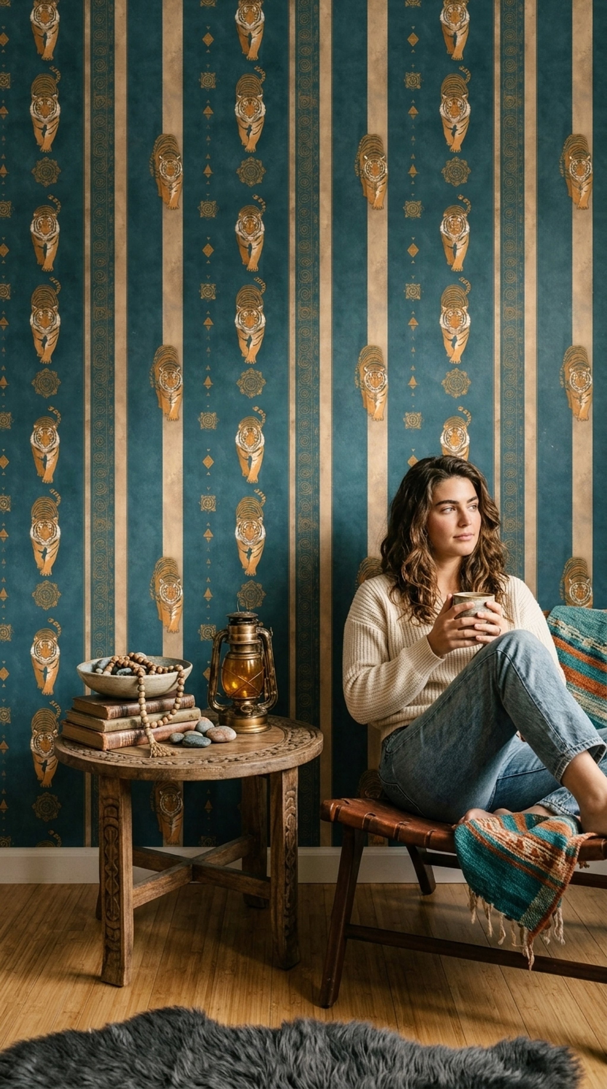 Dark Teal Wallpaper Tigers Vertical Stripes Decorative Mural