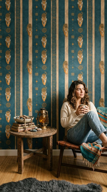 Dark Teal Wallpaper Tigers Vertical Stripes Decorative Mural
