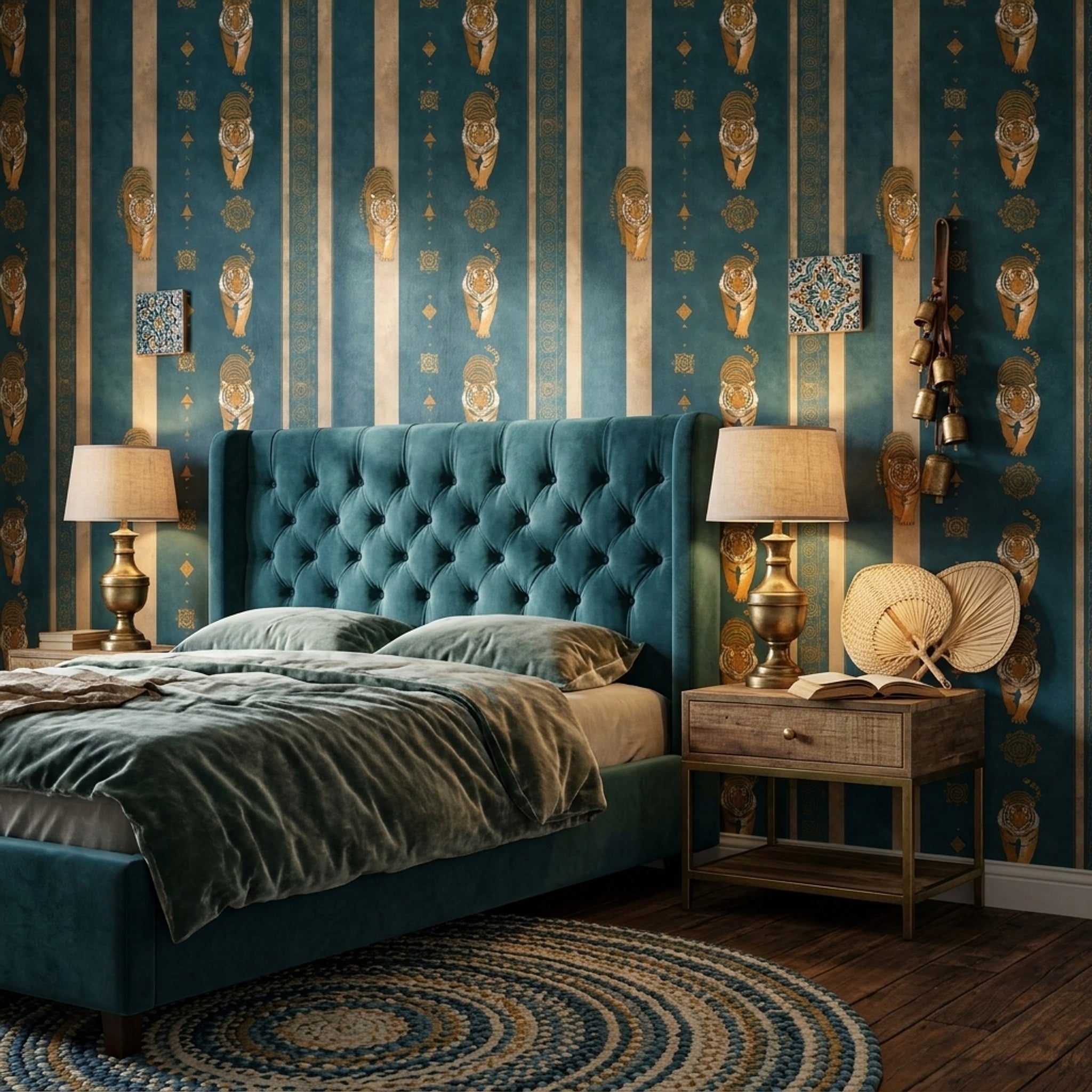 Dark Teal Wallpaper Tigers Vertical Stripes Decorative Mural