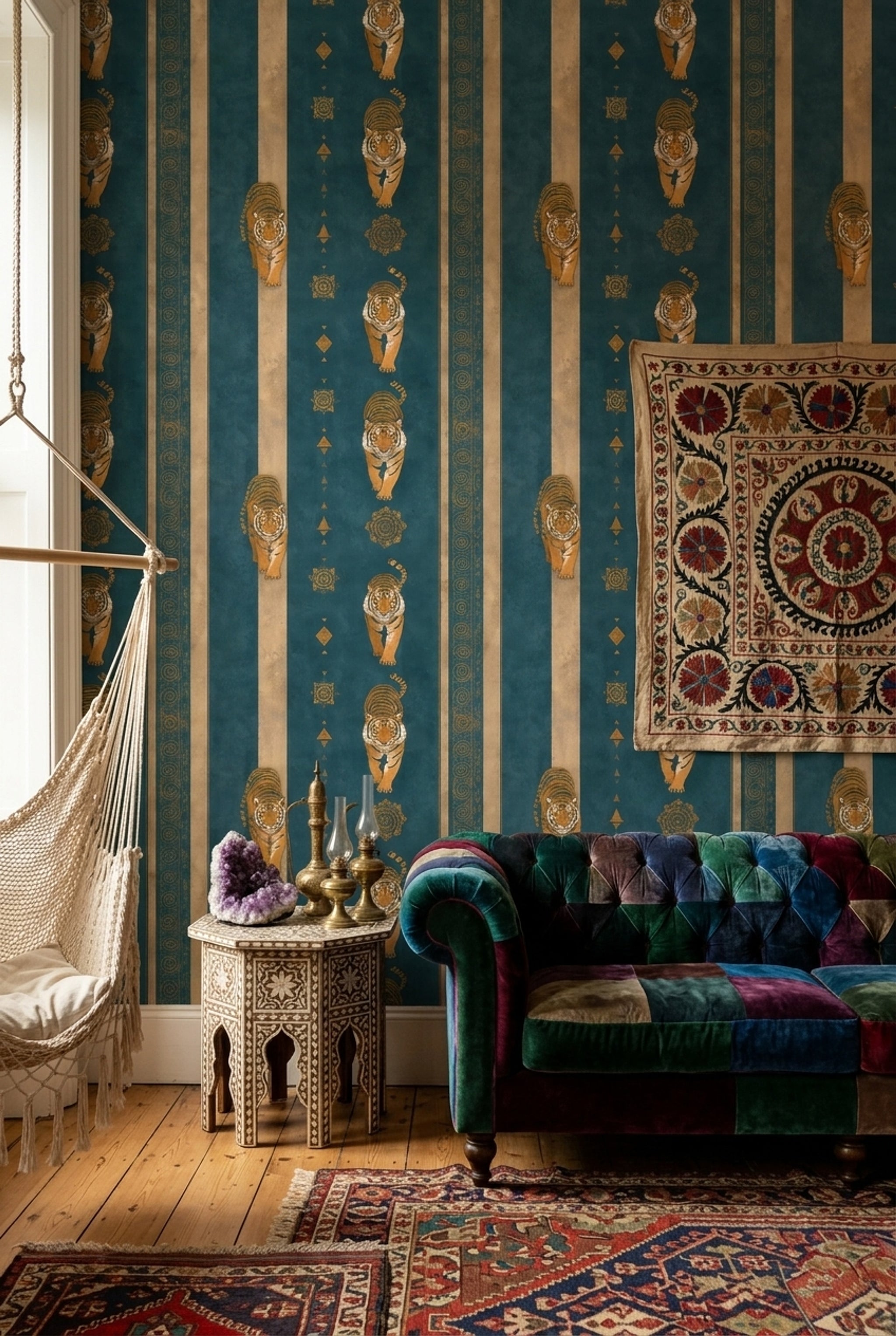 Dark Teal Wallpaper Tigers Vertical Stripes Decorative Mural