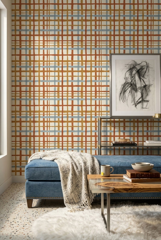 Abstract Plaid Wallpaper Hand Painted Brushstrokes Checkered Grid Removable Wall Decor