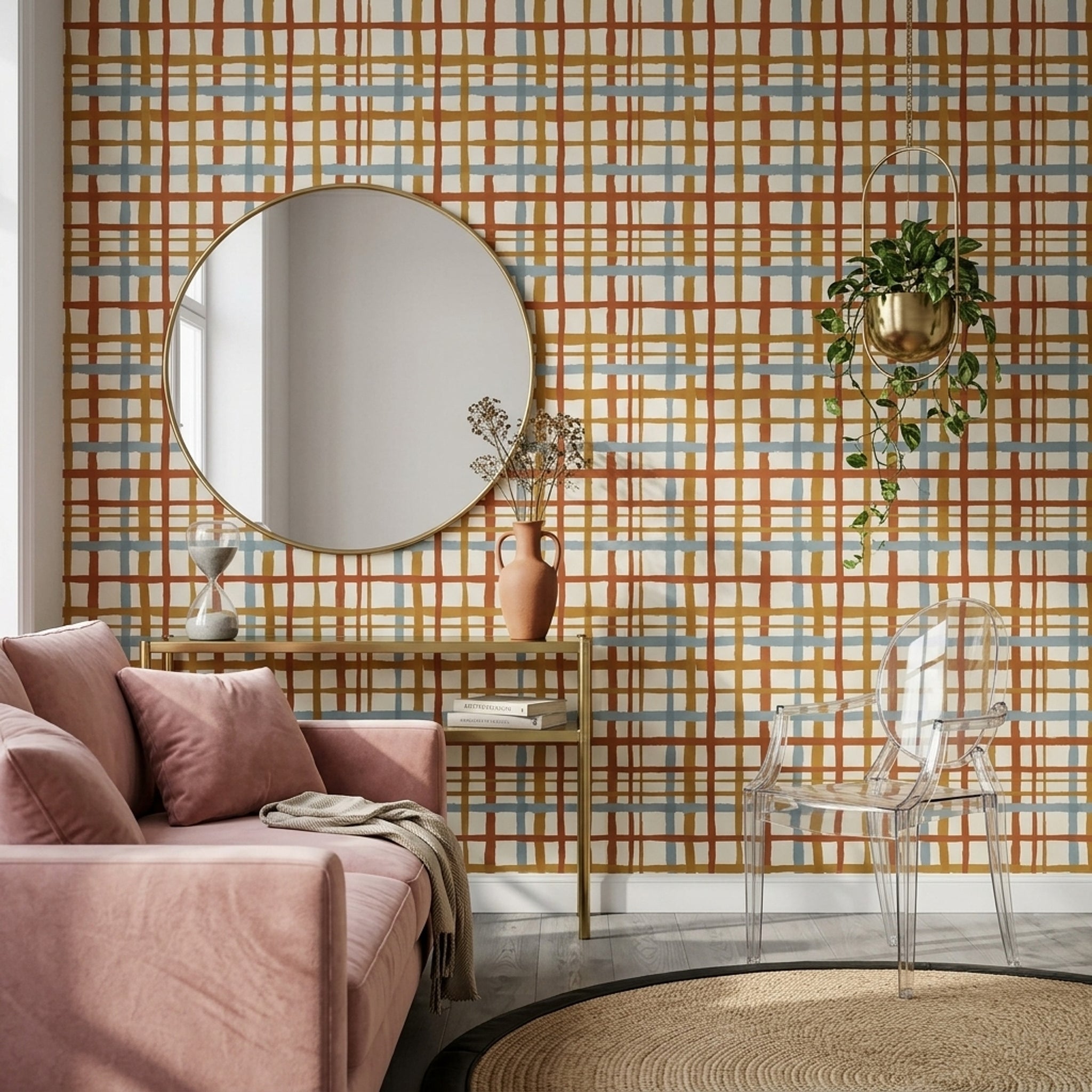 Abstract Plaid Wallpaper Hand Painted Brushstrokes Checkered Grid Removable Wall Decor