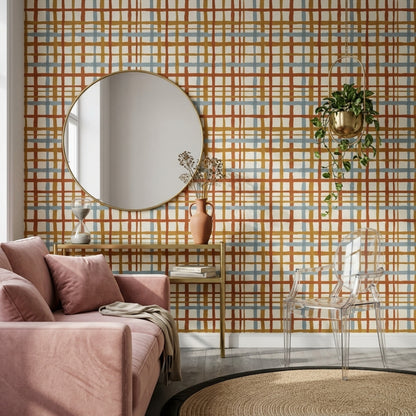 Abstract Plaid Wallpaper Hand Painted Brushstrokes Checkered Grid Removable Wall Decor