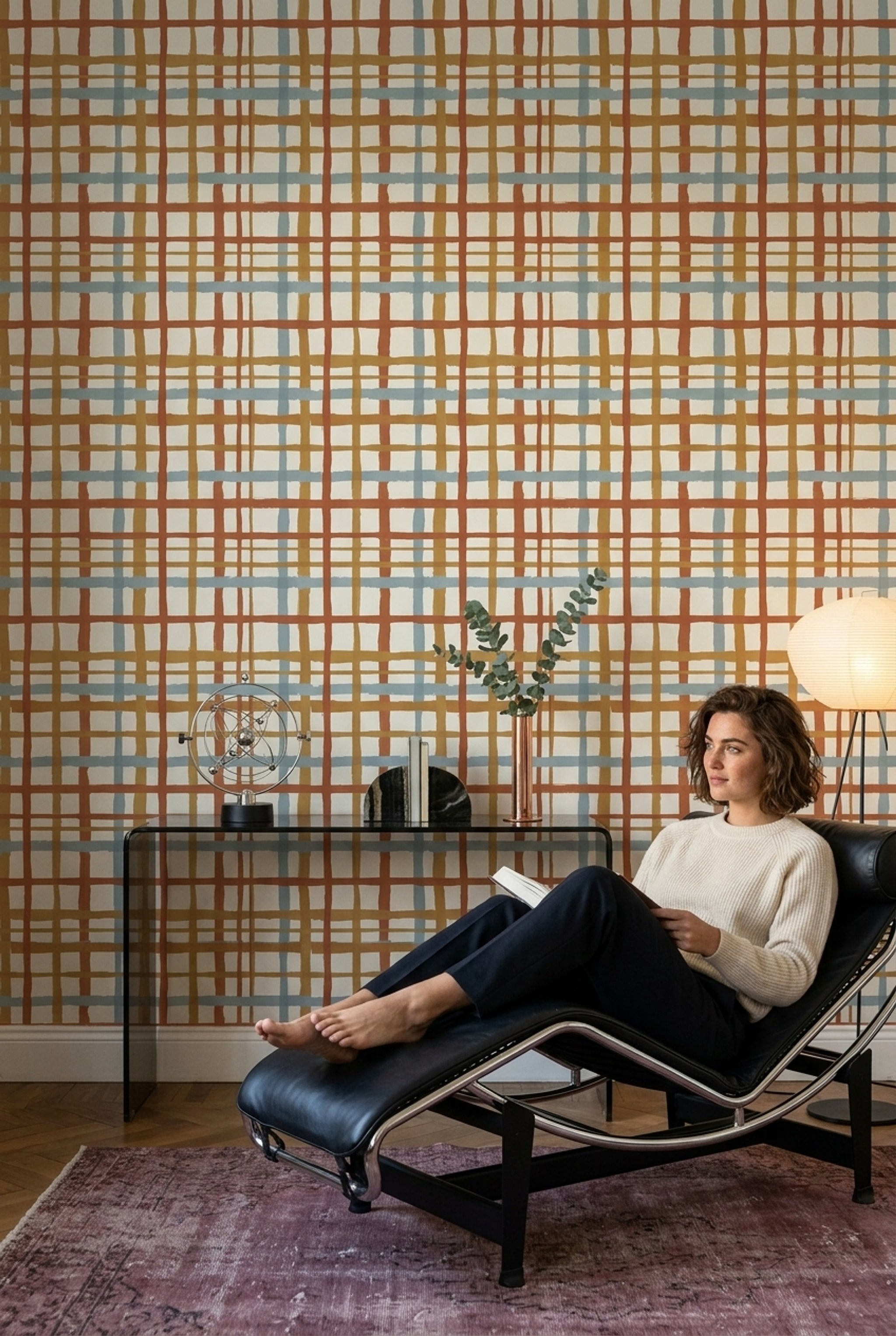 Abstract Plaid Wallpaper Hand Painted Brushstrokes Checkered Grid Removable Wall Decor