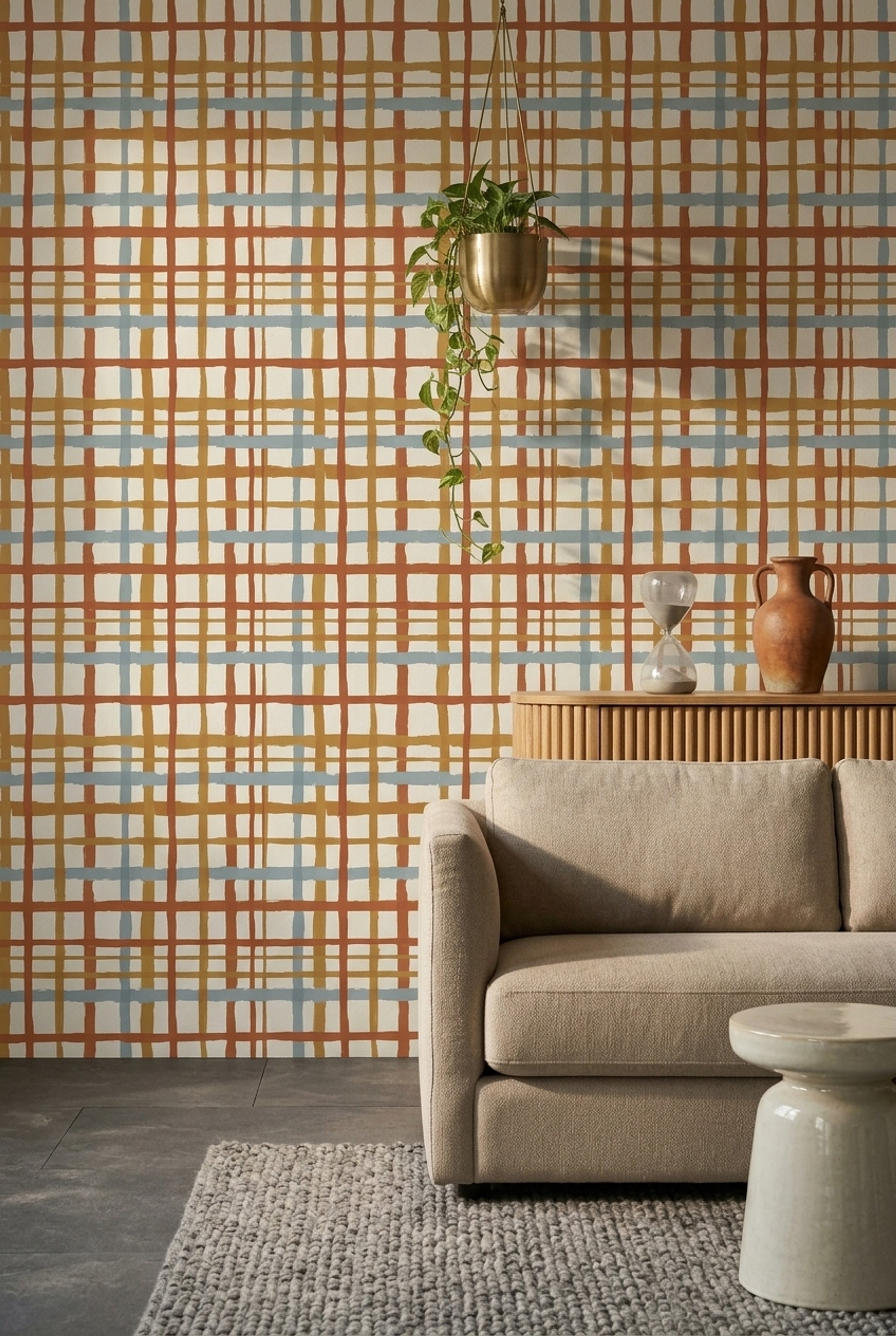 Abstract Plaid Wallpaper Hand Painted Brushstrokes Checkered Grid Removable Wall Decor