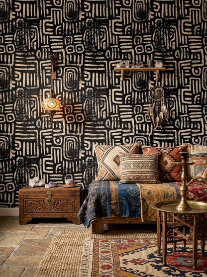 Abstract Geometric Wallpaper Tribal Glyphs Removable Chalk Texture Wall Decor