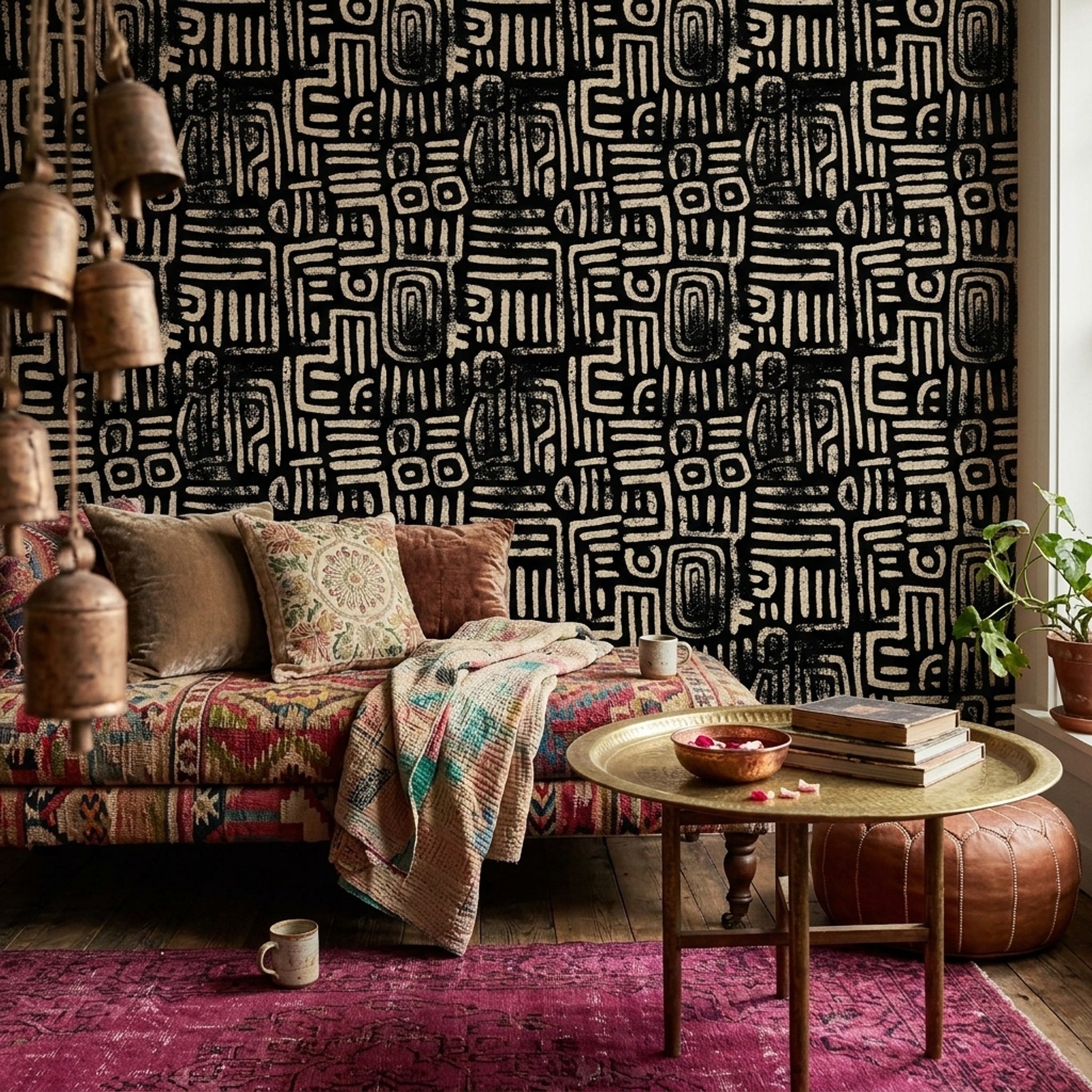 Abstract Geometric Wallpaper Tribal Glyphs Removable Chalk Texture Wall Decor