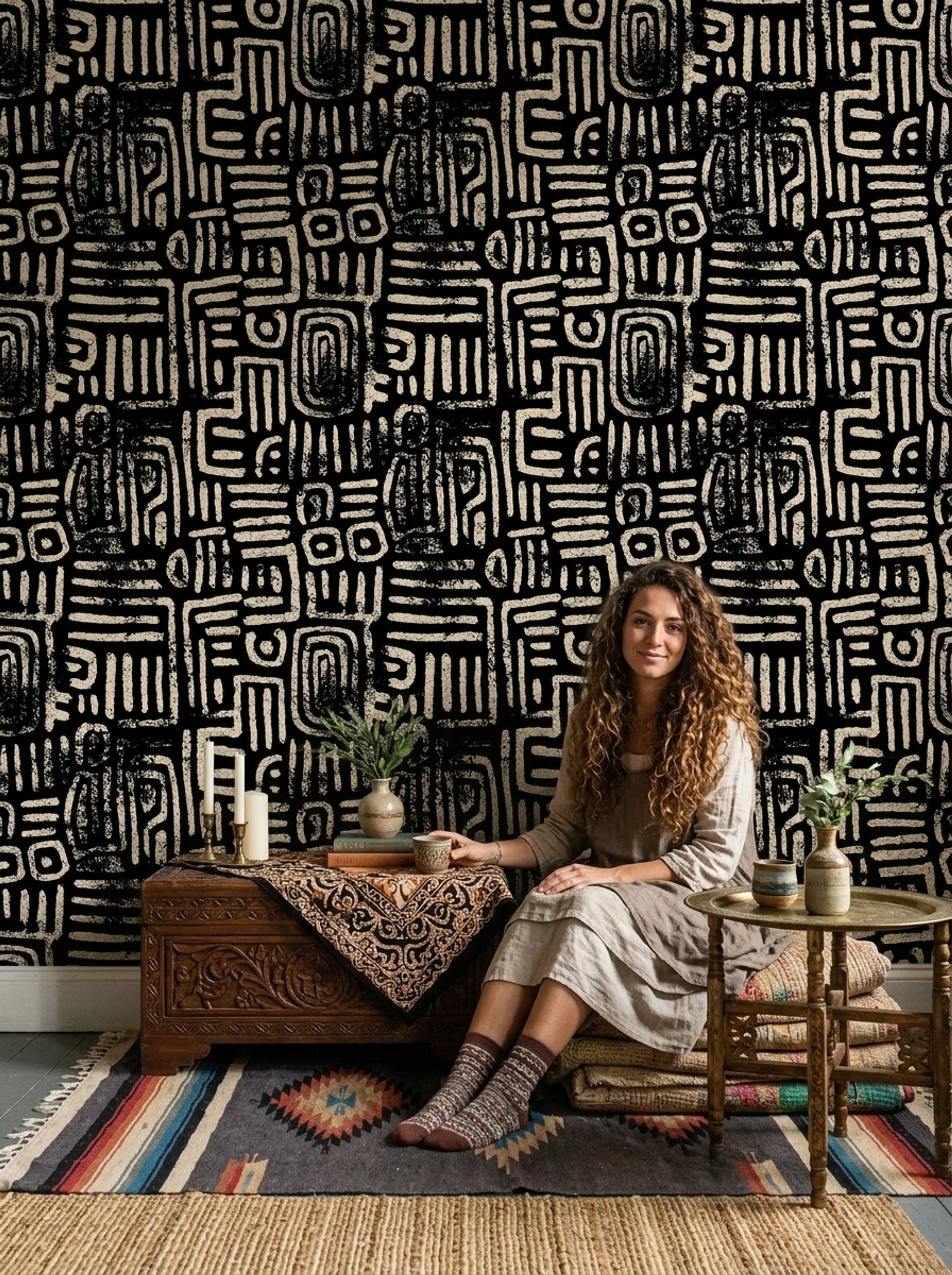 Abstract Geometric Wallpaper Tribal Glyphs Removable Chalk Texture Wall Decor
