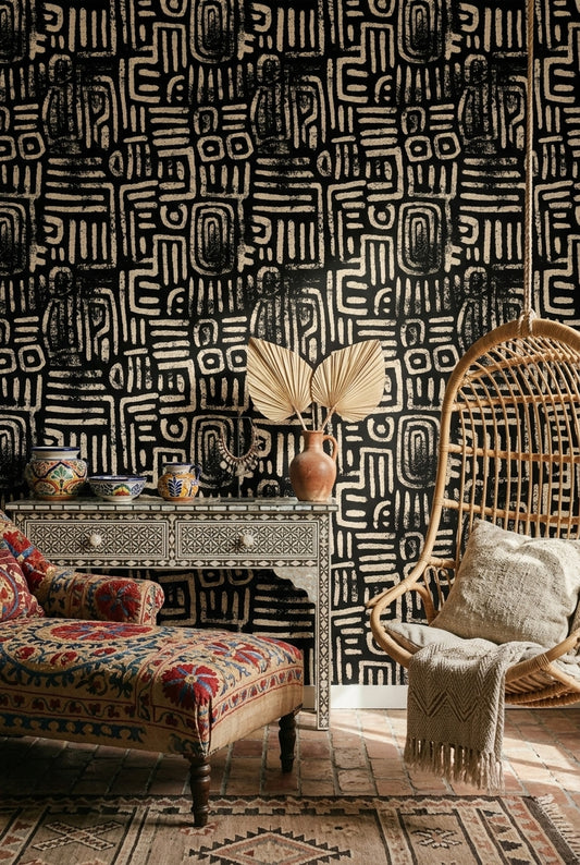 Abstract Geometric Wallpaper Tribal Glyphs Removable Chalk Texture Wall Double Roll