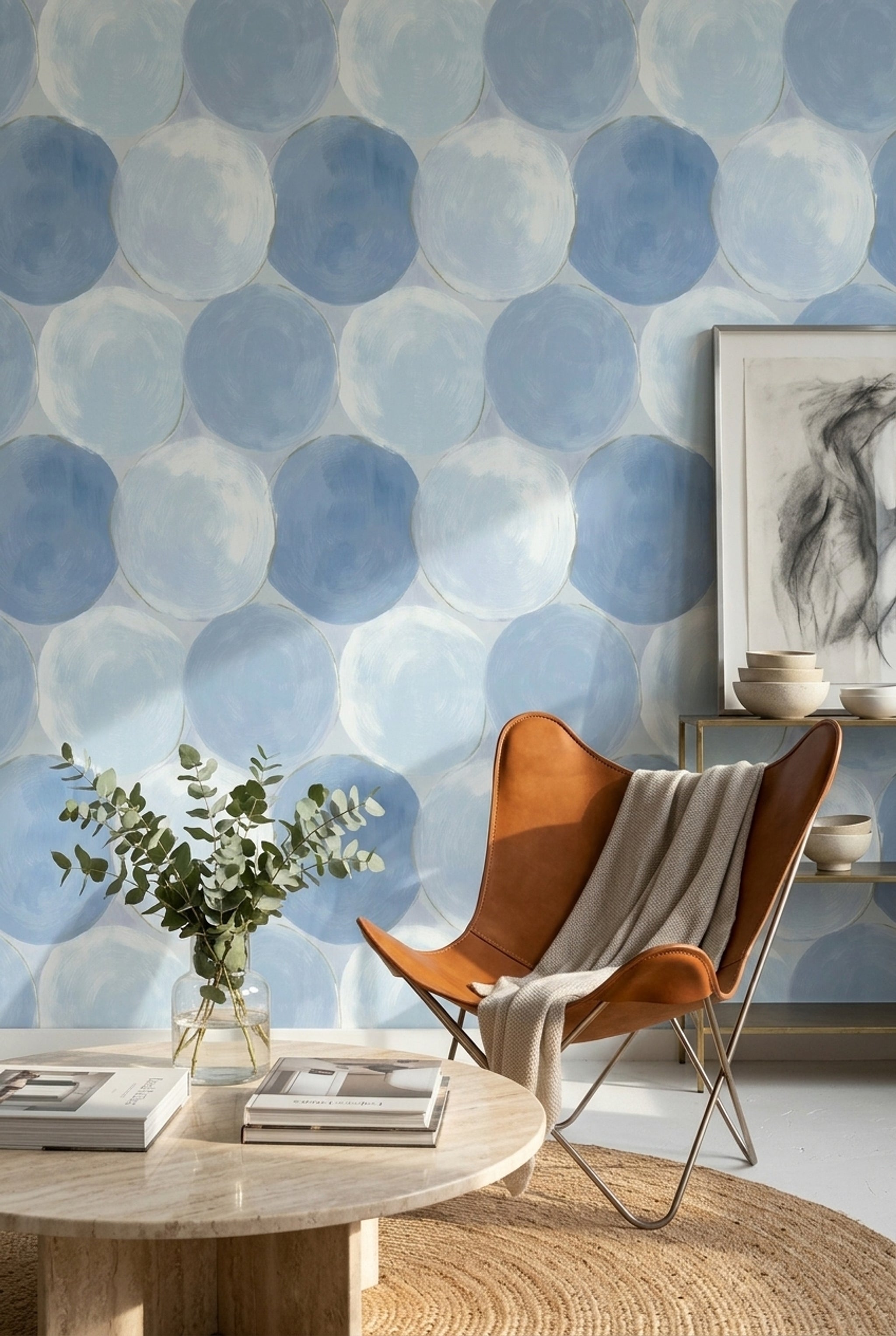 Abstract Circles Wallpaper Geometric Shapes Removable Soft Blue Wall Decor