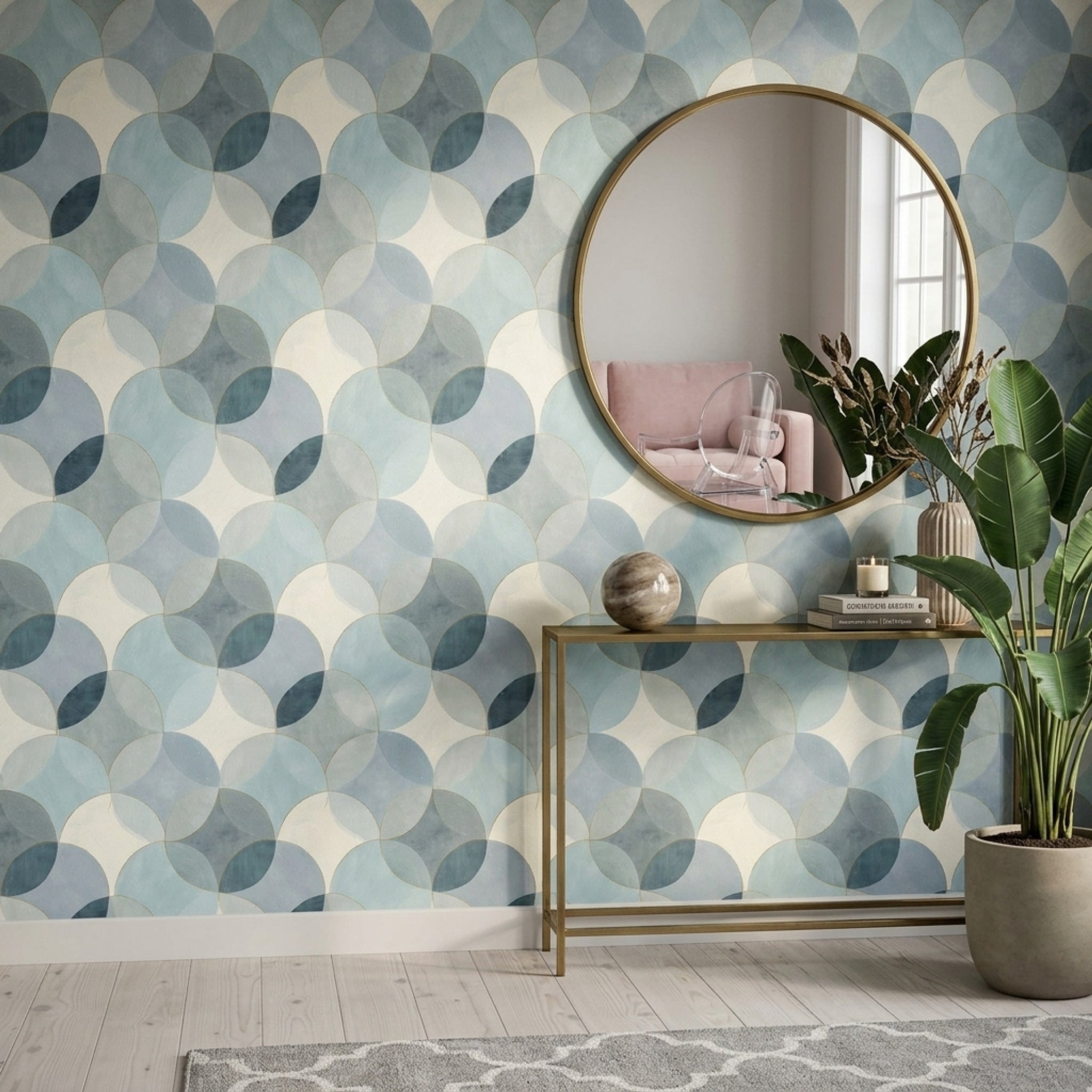 Abstract Geometric Wallpaper Overlapping Circles Gold Outline Removable Wall Decor