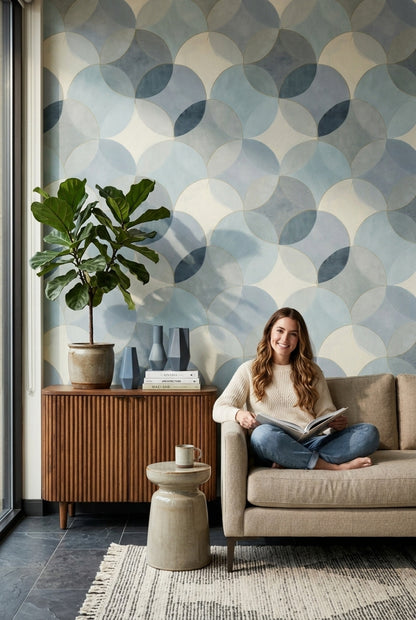 Abstract Geometric Wallpaper Overlapping Circles Gold Outline Removable Wall Decor