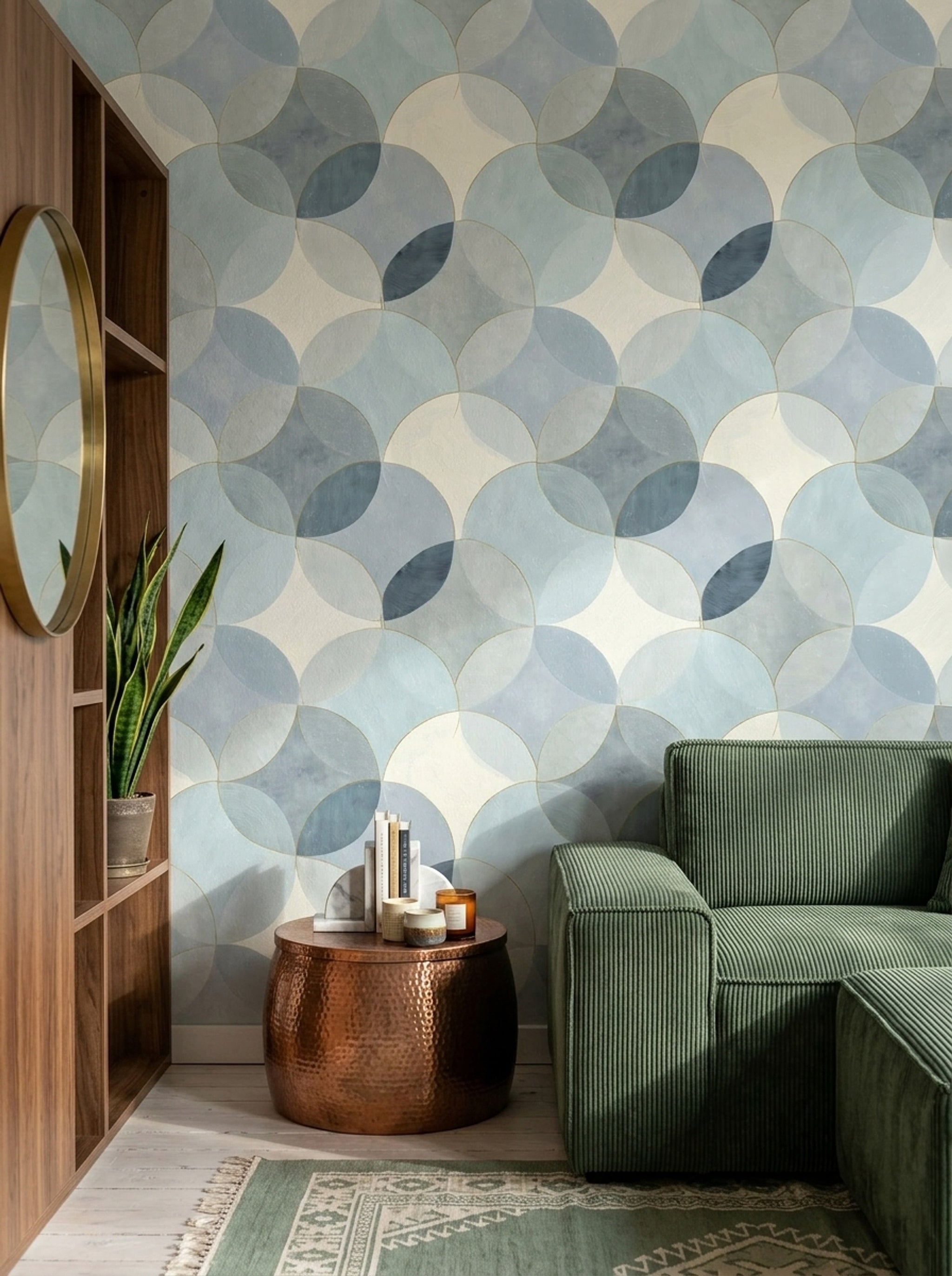 Abstract Geometric Wallpaper Overlapping Circles Gold Outline Removable Wall Decor
