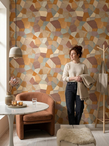 Geometric Mosaic Wallpaper Abstract Low Poly Woodgrain Texture Removable Wall Decor