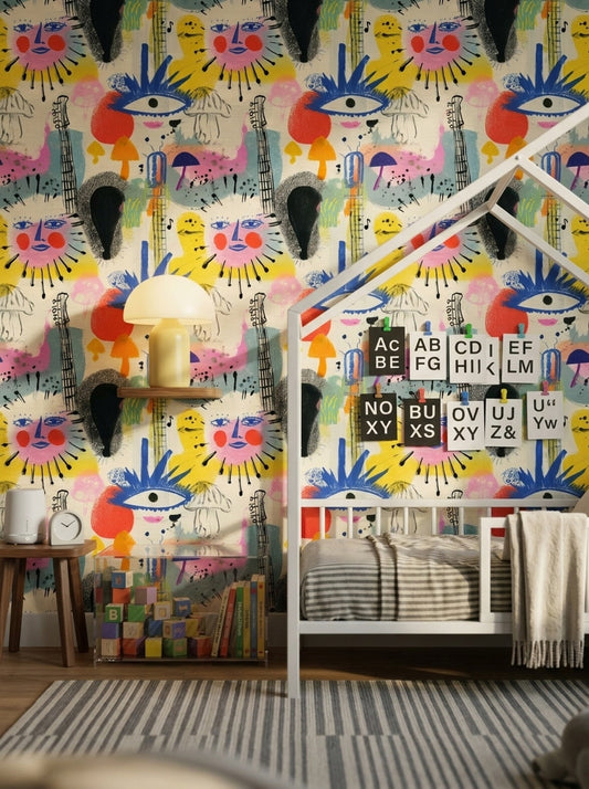 Faces Wallpaper Mixed Media Colorful Decorative Mural