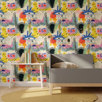 Faces Wallpaper Mixed Media Colorful Decorative Mural