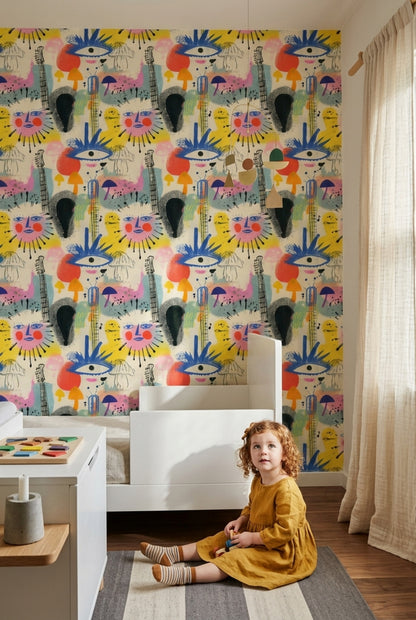 Faces Wallpaper Mixed Media Colorful Decorative Mural
