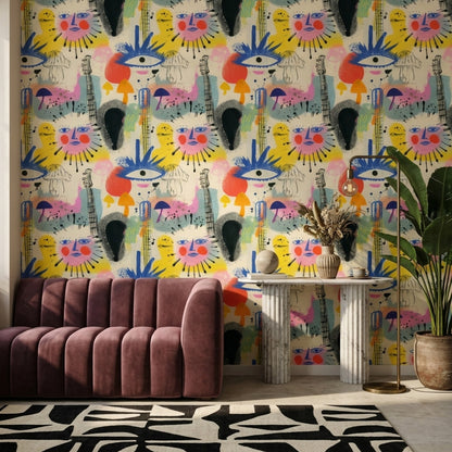 Faces Wallpaper Mixed Media Colorful Decorative Mural