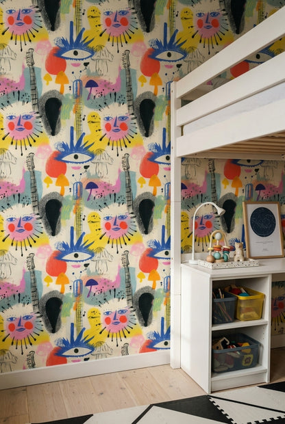 Faces Wallpaper Mixed Media Colorful Decorative Mural