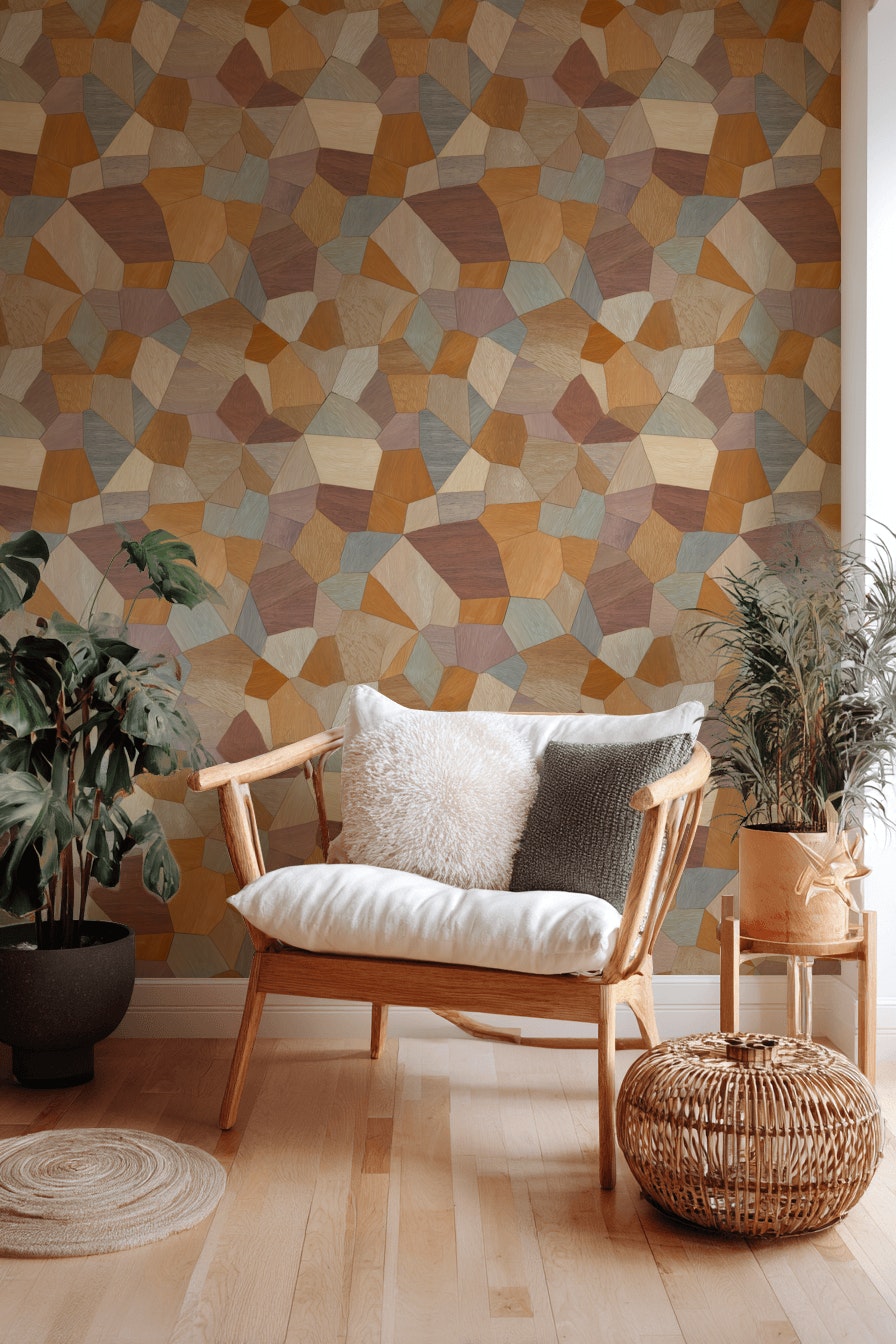 Geometric Mosaic Wallpaper Abstract Low Poly Woodgrain Texture Removable Wall Decor