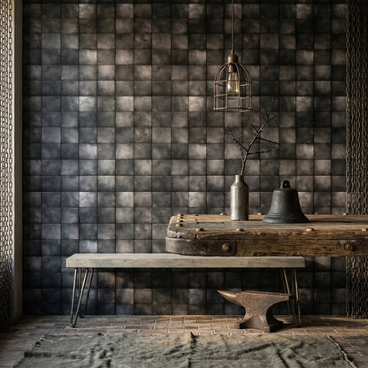 Black Tile Wallpaper Geometric Grid Concrete Look Removable Wall Decor