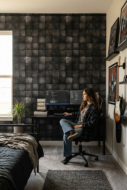 Black Tile Wallpaper Geometric Grid Concrete Look Removable Wall Decor