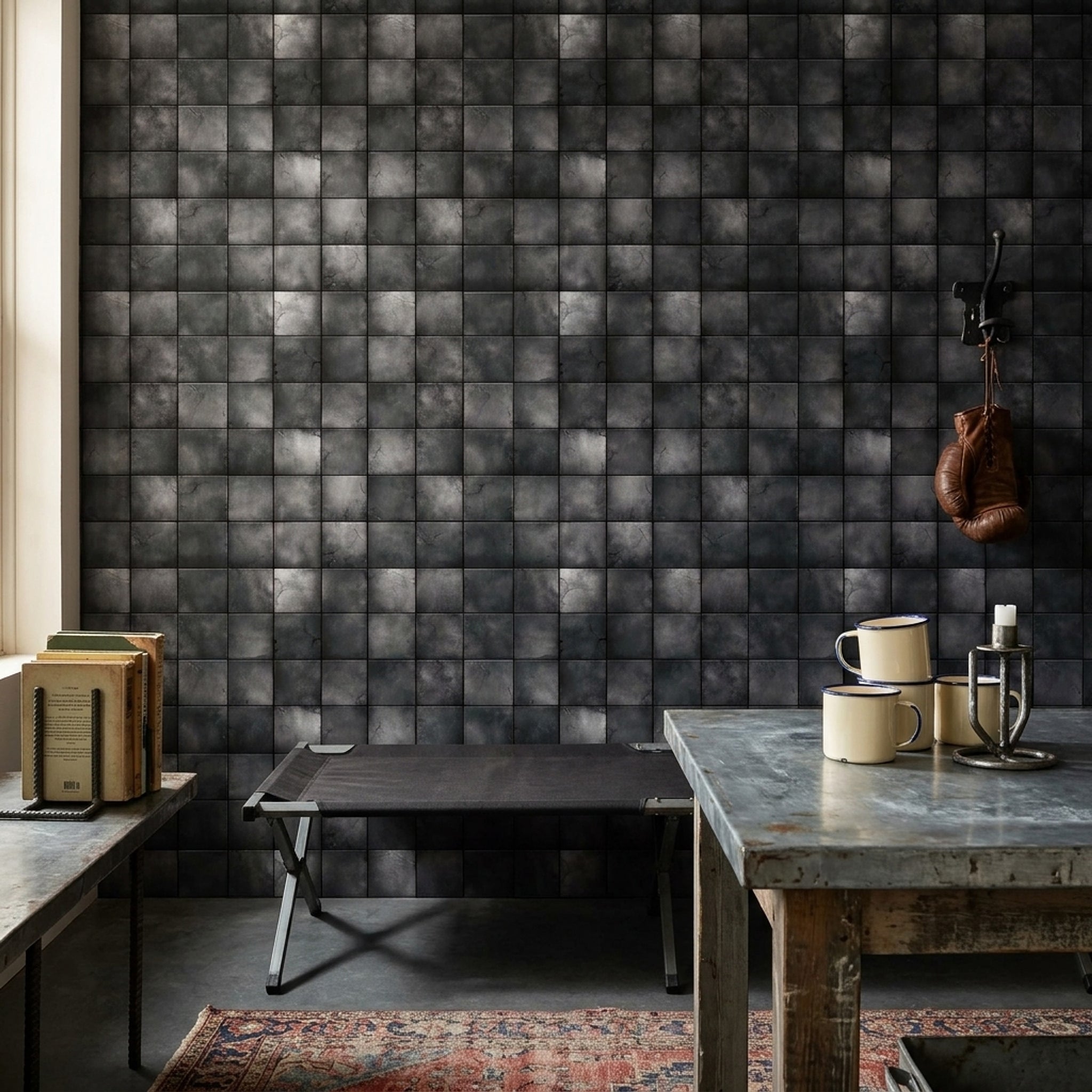 Black Tile Wallpaper Geometric Grid Concrete Look Removable Wall Decor