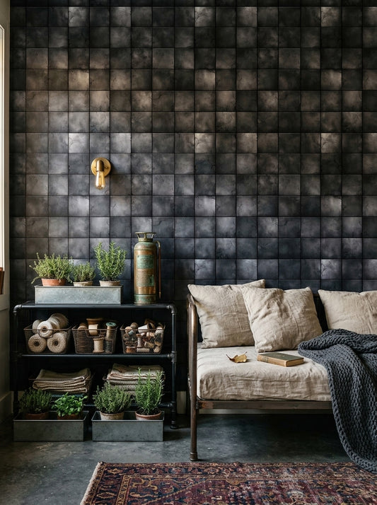 Black Tile Wallpaper Geometric Grid Concrete Look Removable Wall Decor