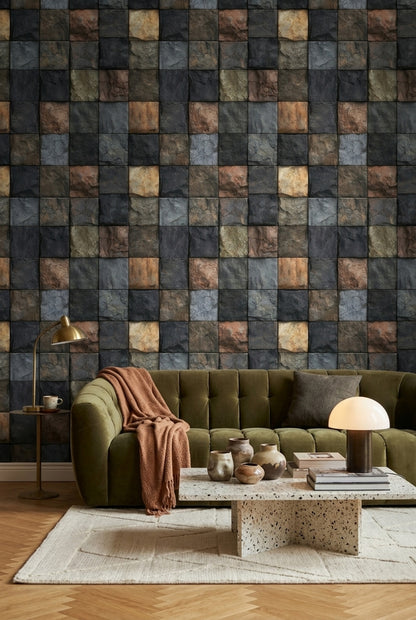 Dark Stone Wallpaper Slate Texture Square Tile Grid Removable Wall Decor
