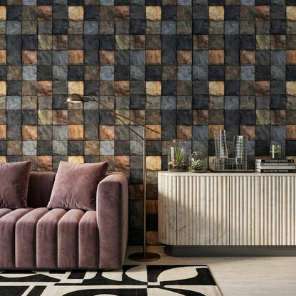 Dark Stone Wallpaper Slate Texture Square Tile Grid Removable Wall Decor