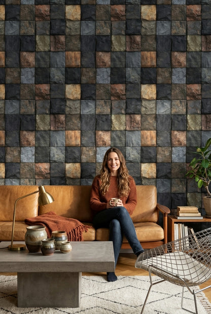 Dark Stone Wallpaper Slate Texture Square Tile Grid Removable Wall Decor