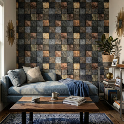Dark Stone Wallpaper Slate Texture Square Tile Grid Removable Wall Decor
