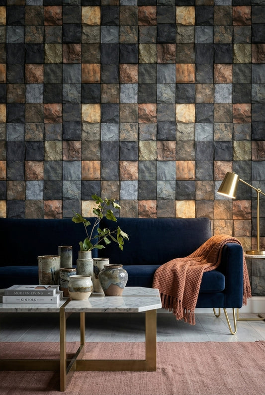 Dark Stone Wallpaper Slate Texture Square Tile Grid Removable Wall Decor