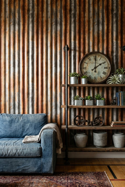 Weathered Metal Wallpaper Corrugated Texture Industrial Decorative Mural