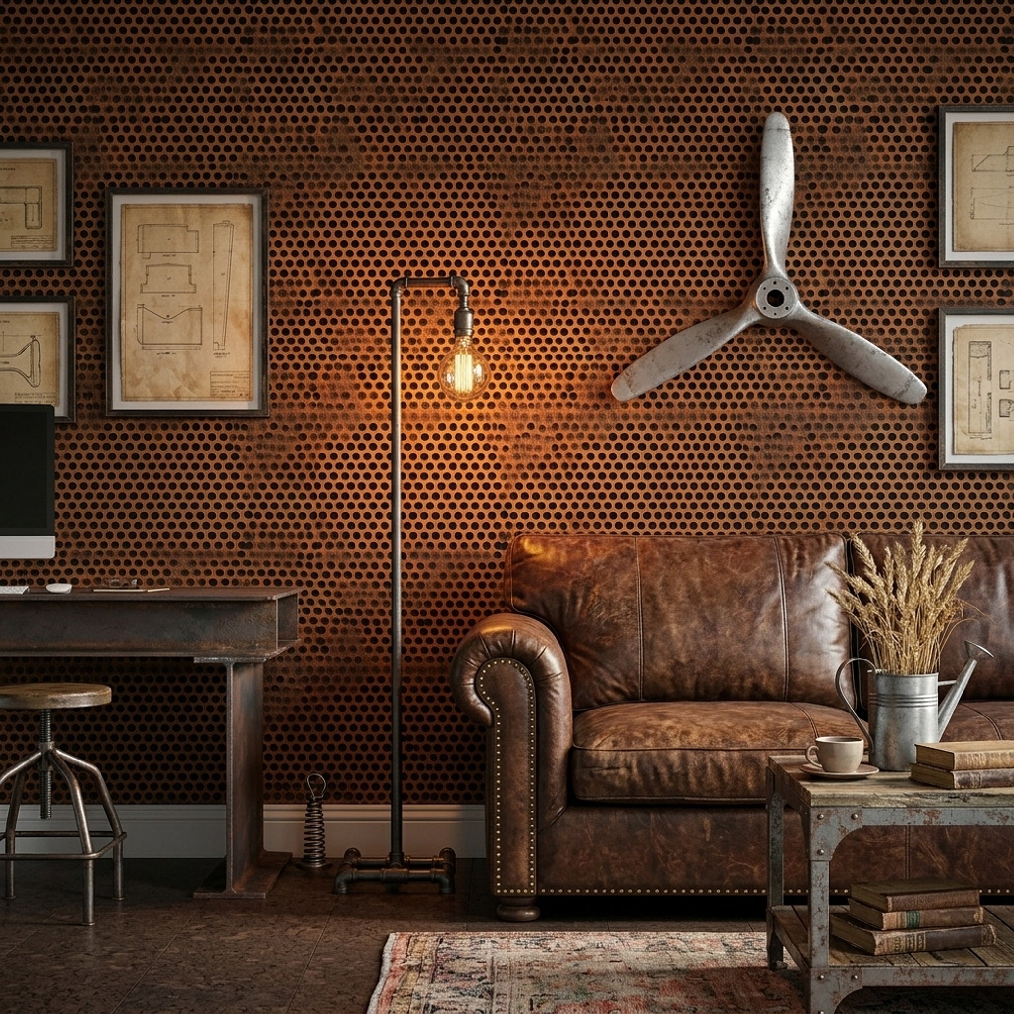 Perforated Panel Wallpaper Dark Rusty Metal Removable Wall Decor