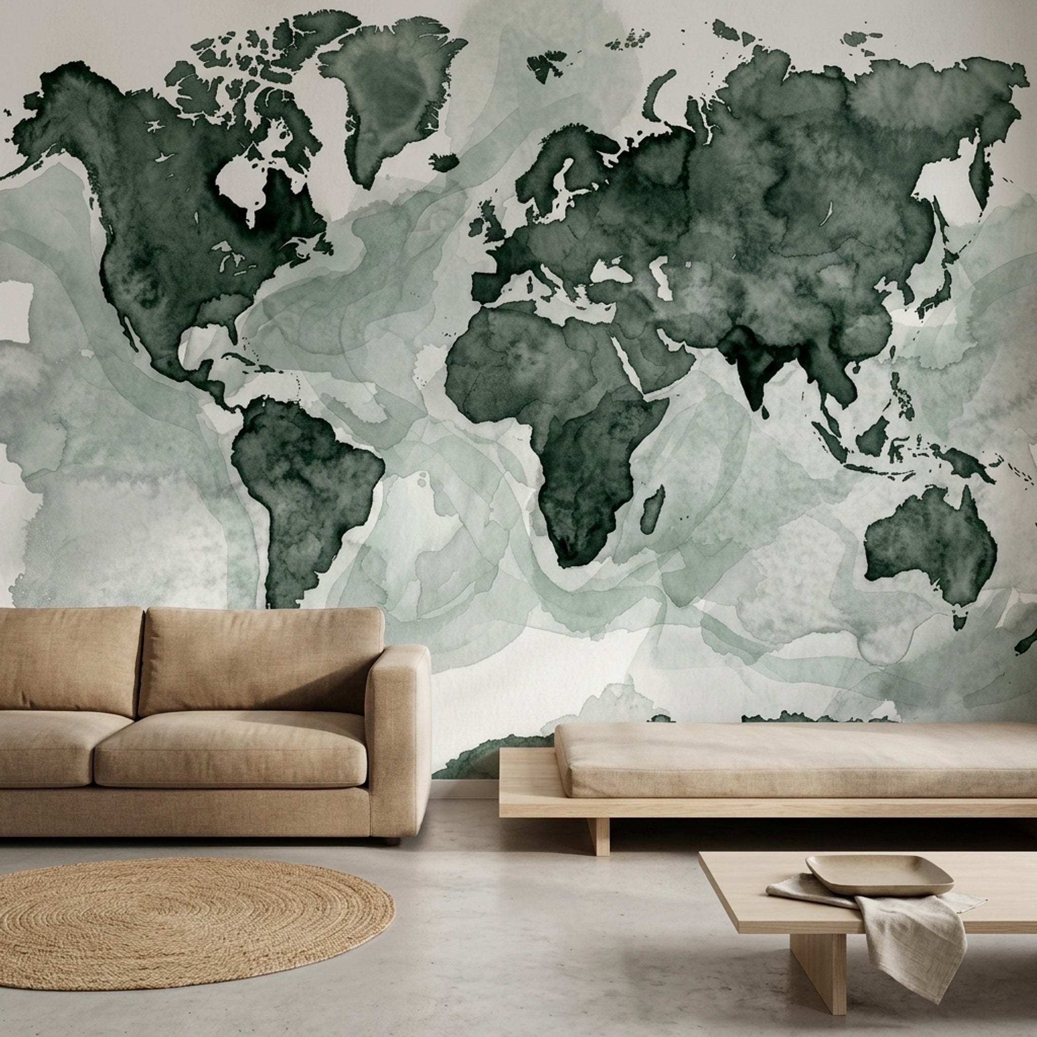 World Map Wallpaper Muted Green Removable Bright Background Wall Decor