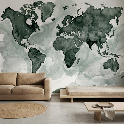 World Map Wallpaper Muted Green Removable Bright Background Wall Decor
