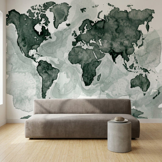 World Map Wallpaper Muted Green Removable Bright Background Wall Decor