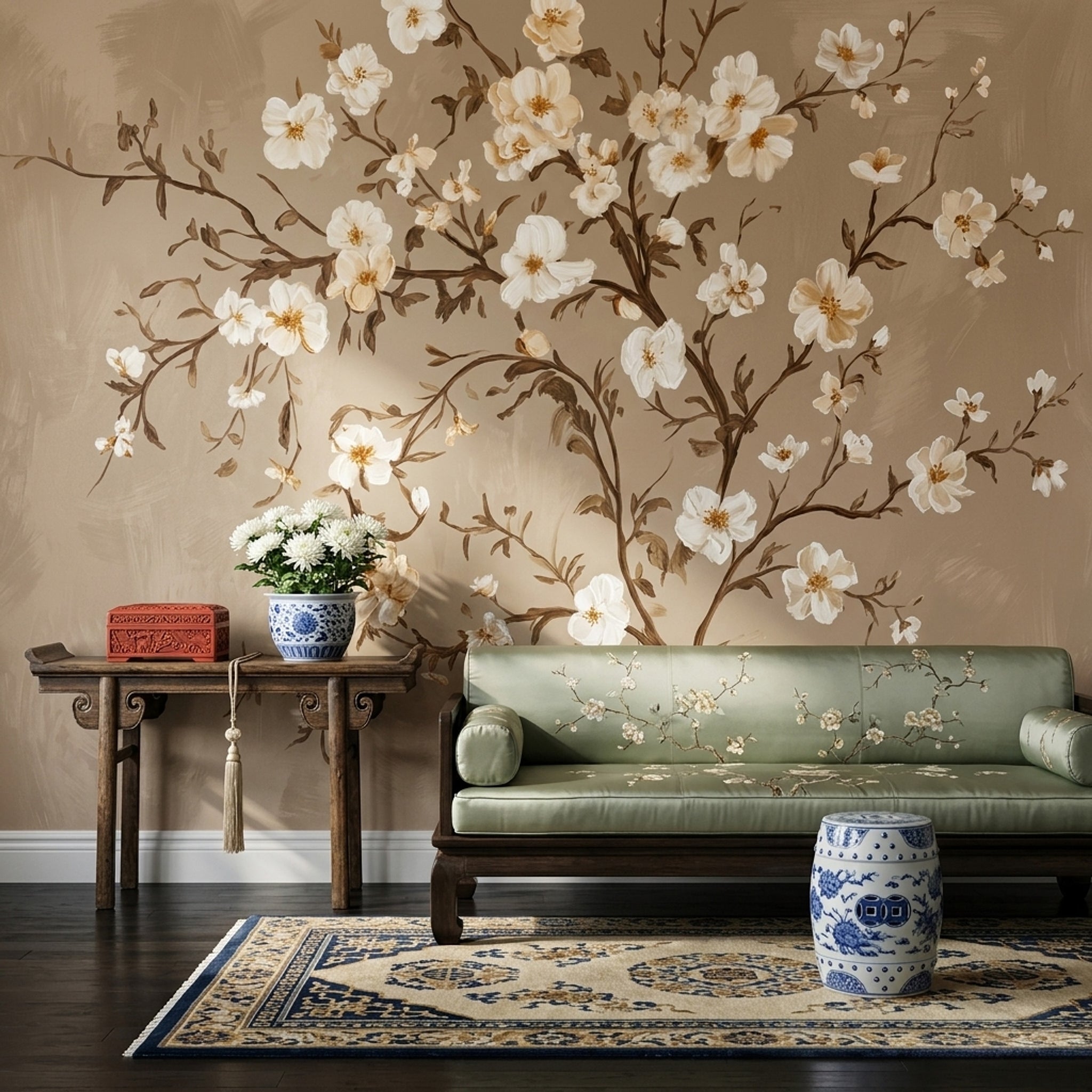 Floral Branches Wallpaper White Blossoms Botanical Mural Removable Wall Decor