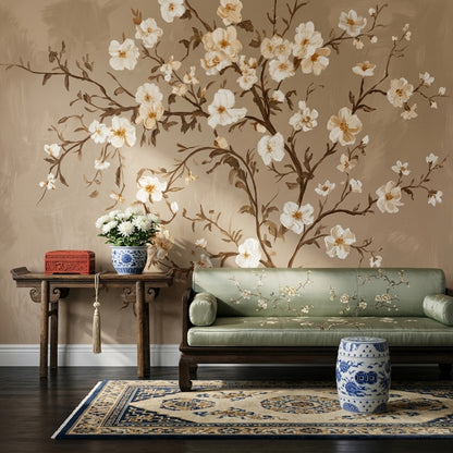 Floral Branches Wallpaper White Blossoms Botanical Mural Removable Wall Decor