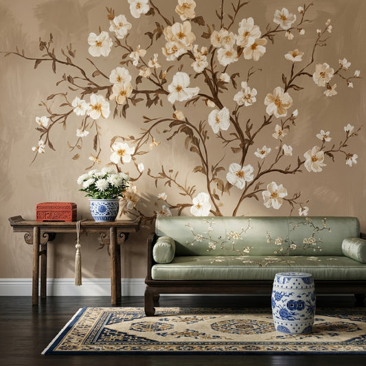 Floral Branches Wallpaper White Blossoms Botanical Mural Removable Wall Decor