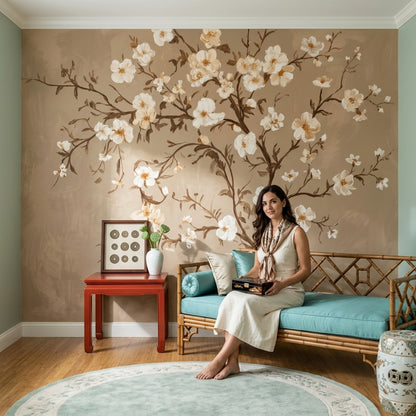 Floral Branches Wallpaper White Blossoms Botanical Mural Removable Wall Decor
