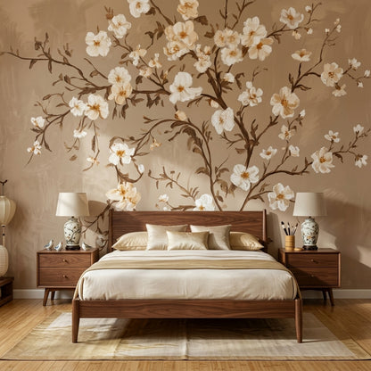 Floral Branches Wallpaper White Blossoms Botanical Mural Removable Wall Decor