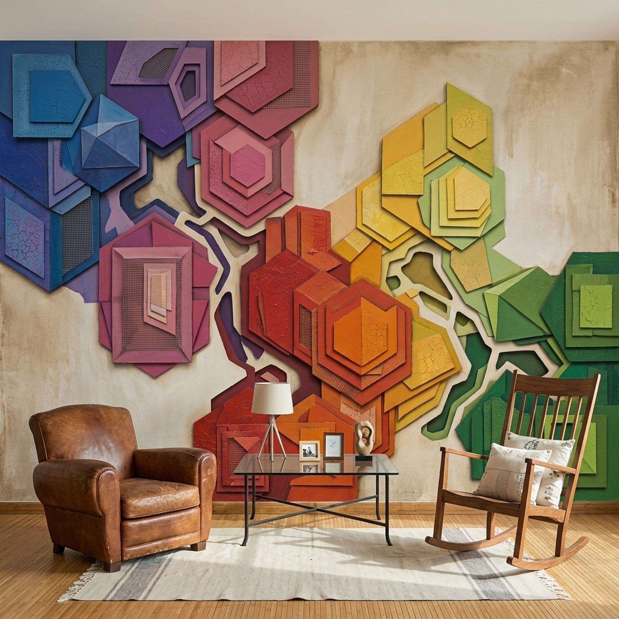 Abstract Geometric Wallpaper Layered Hexagons Removable Rainbow Gradient Blocks Wall Decor