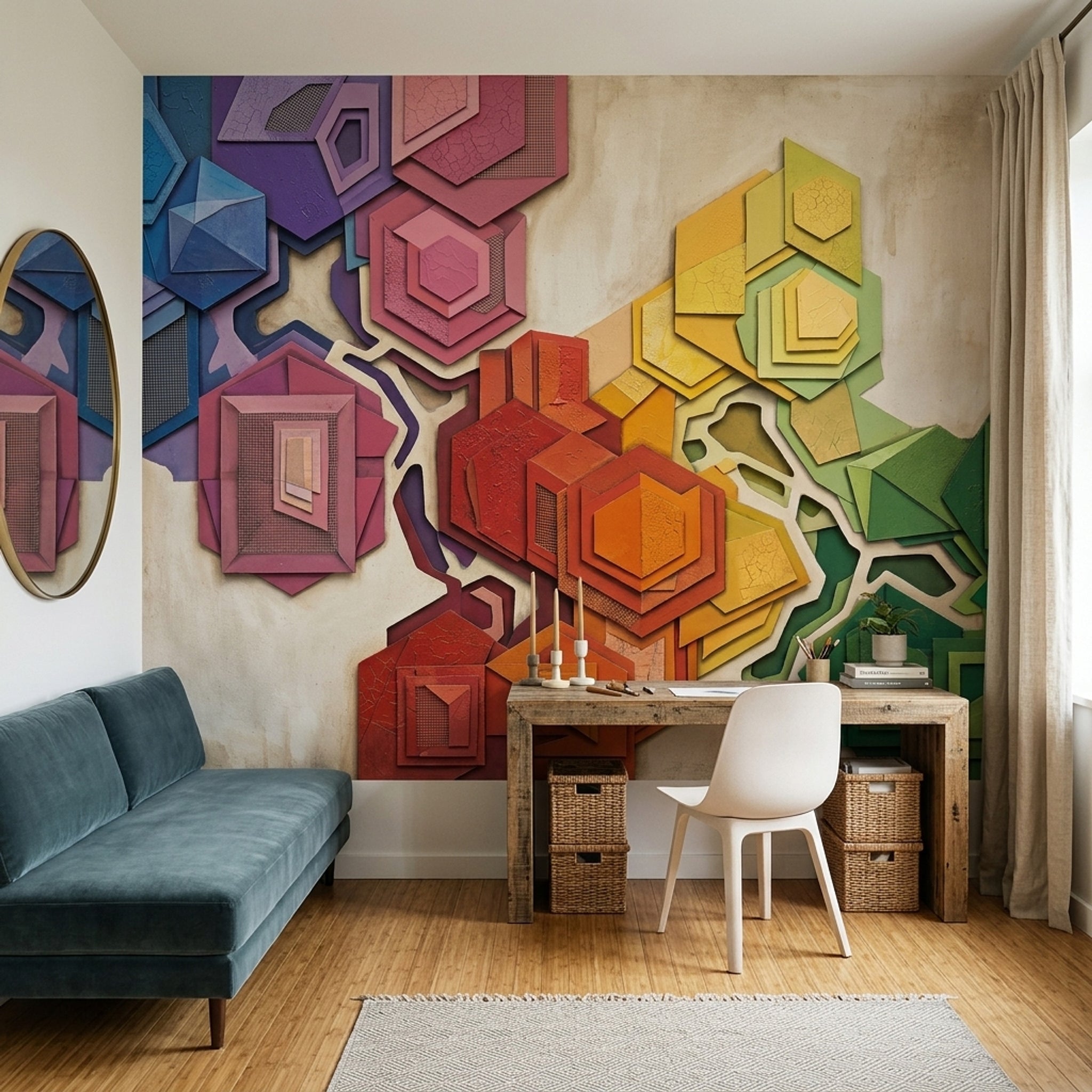Abstract Geometric Wallpaper Layered Hexagons Removable Rainbow Gradient Blocks Wall Decor