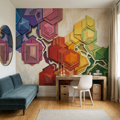 Abstract Geometric Wallpaper Layered Hexagons Removable Rainbow Gradient Blocks Wall Decor